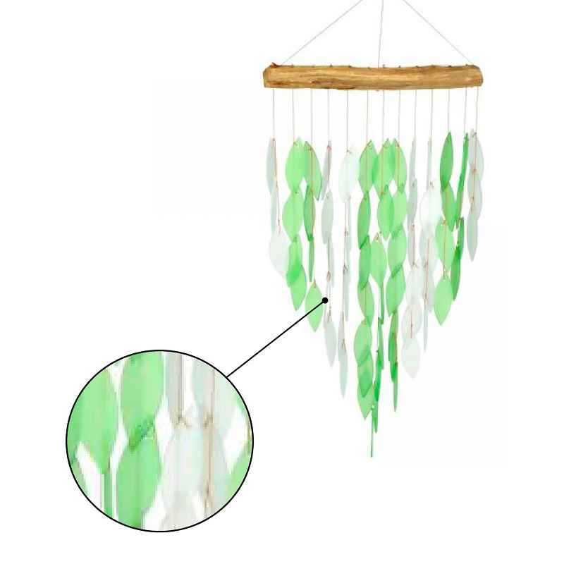 Large Glass Leaves on Driftwood Chime - Green